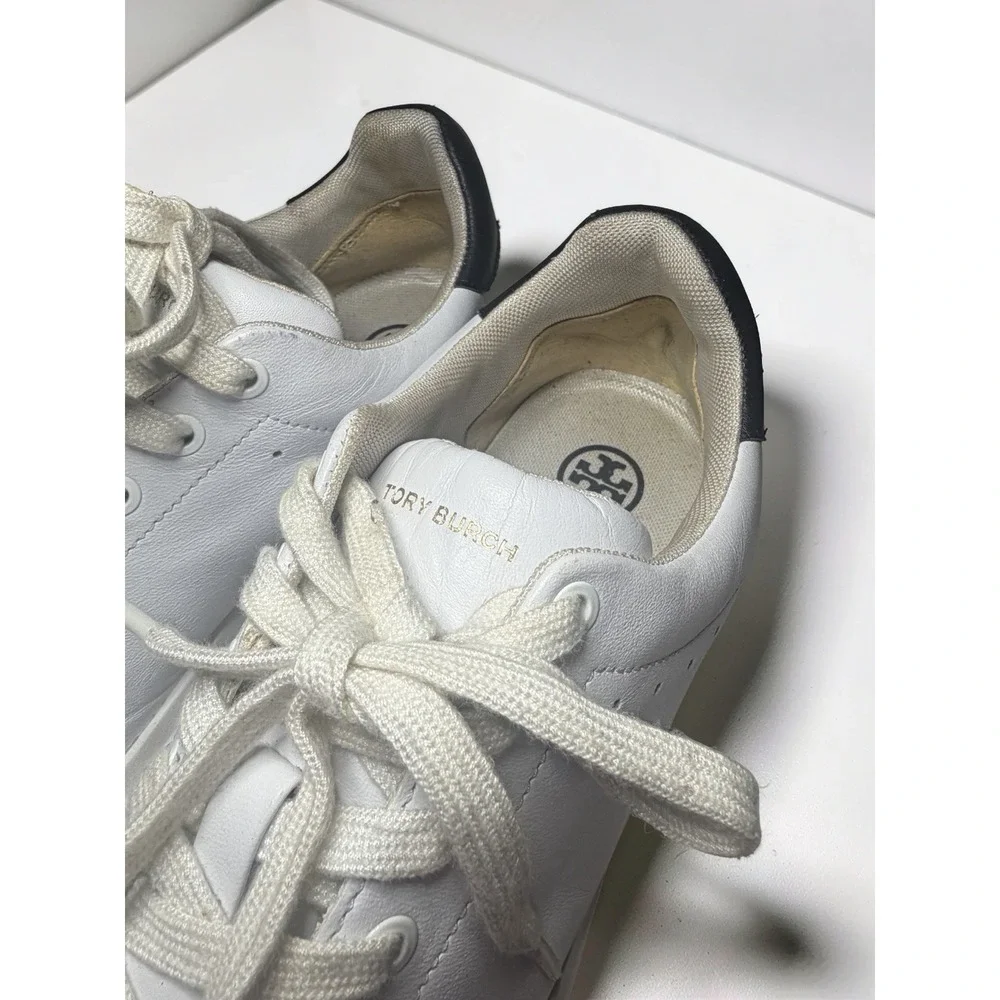 TORY BURCH Howell Court Sneakers White  Navy Blue Gold Logo Women's Sz 10